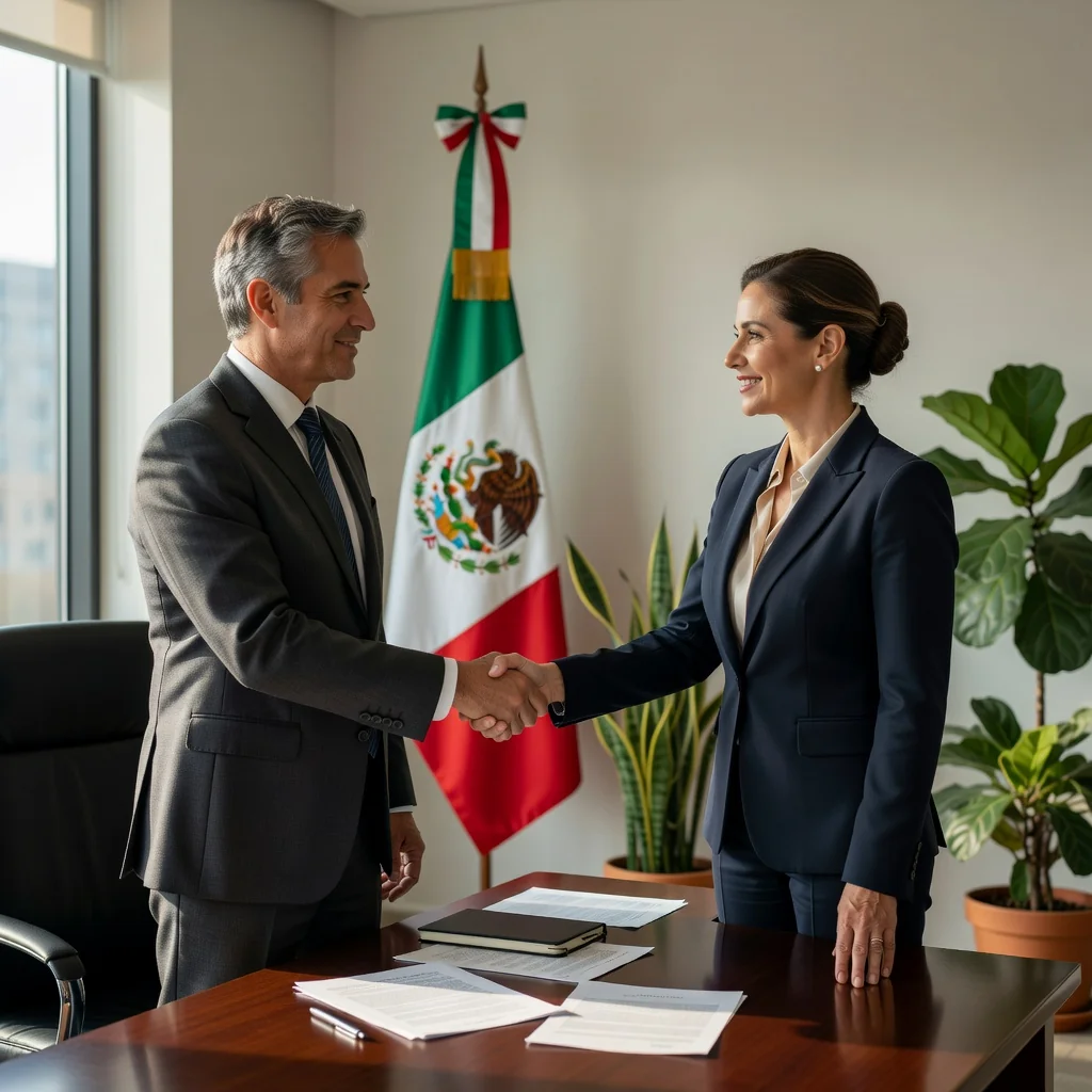 A photorealistic image depicting two adult professionals in a modern Mexican office setting, shaking hands amicably across a desk to symbolize a mutual settlement agreement in employment law. The scene conveys resolution, fairness, and closure in a labor dispute, with subtle Mexican cultural elements like a flag or traditional decor in the background. No children, no legal documents visible, no graphics or drawings.