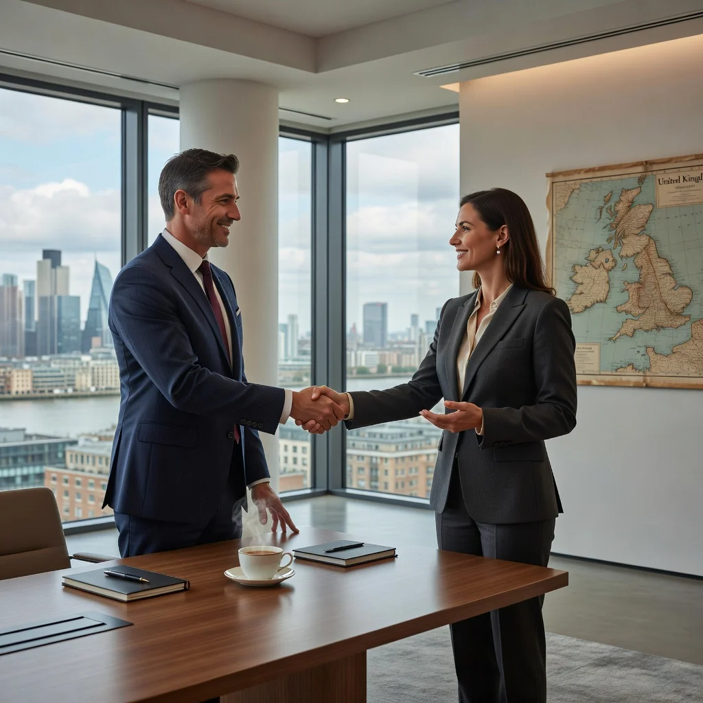 A photorealistic image depicting two adults in a professional setting shaking hands across a conference table, symbolizing mutual agreement and release in a business context under UK law. The scene is set in a modern office with subtle British elements like a Union Jack flag in the background, conveying resolution and partnership without focusing on any legal documents.