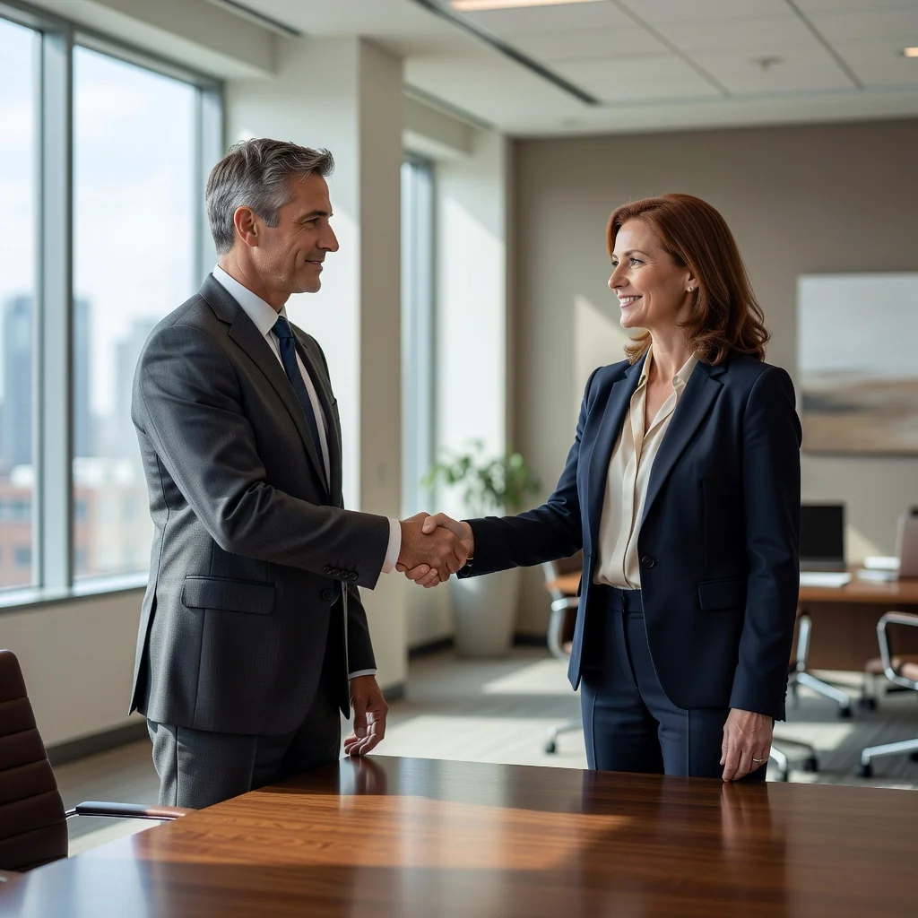A photorealistic image of two professional adults shaking hands across a conference table in a modern office, symbolizing mutual agreement and release from obligations, with a sense of relief and closure in their expressions.