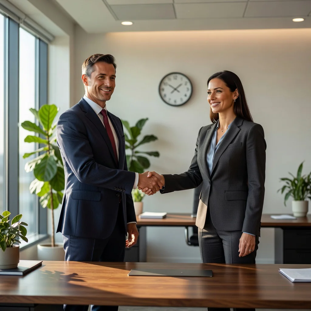 A photorealistic image depicting two adults shaking hands across a desk in a professional office setting, symbolizing a mutual agreement and resolution, with subtle background elements like a clock showing the end of a period, representing the settlement of an employment or business matter without focusing on any legal documents.