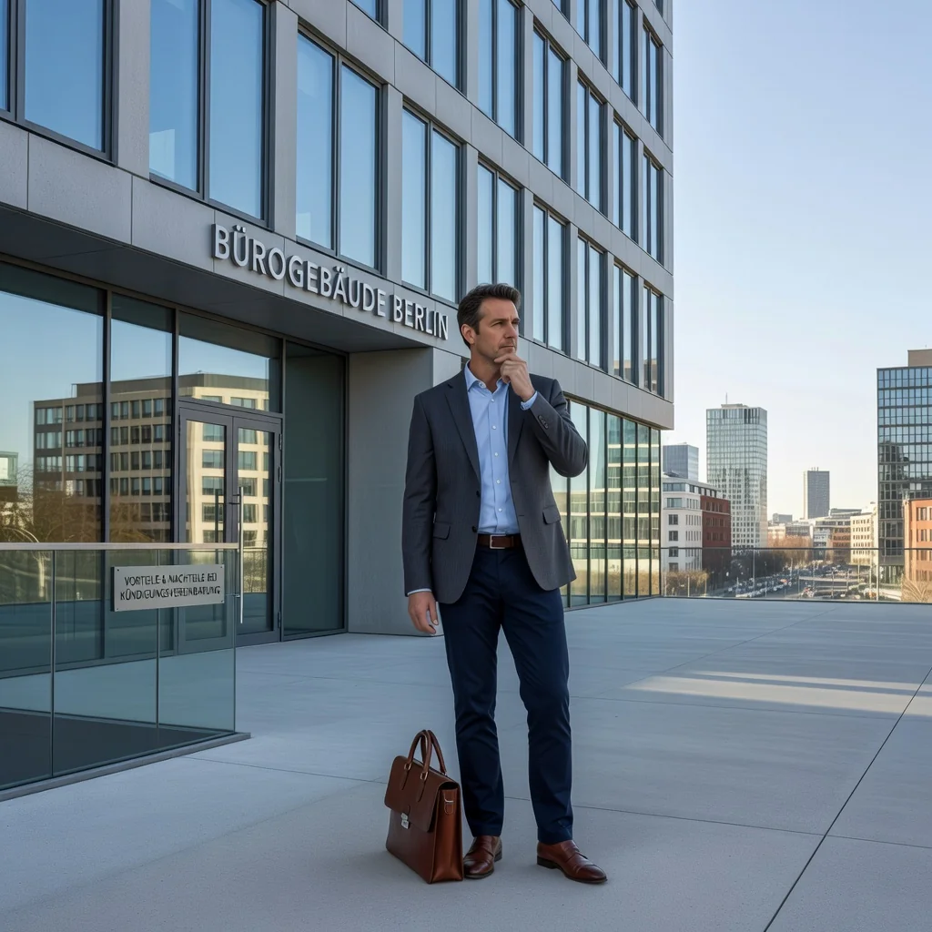 A photorealistic hero image depicting the concept of an employment termination agreement in Germany, showing an adult professional in a thoughtful pose, perhaps walking away from an office building or reflecting in a modern workspace, symbolizing the pros and cons of ending an employment relationship without focusing on legal documents.