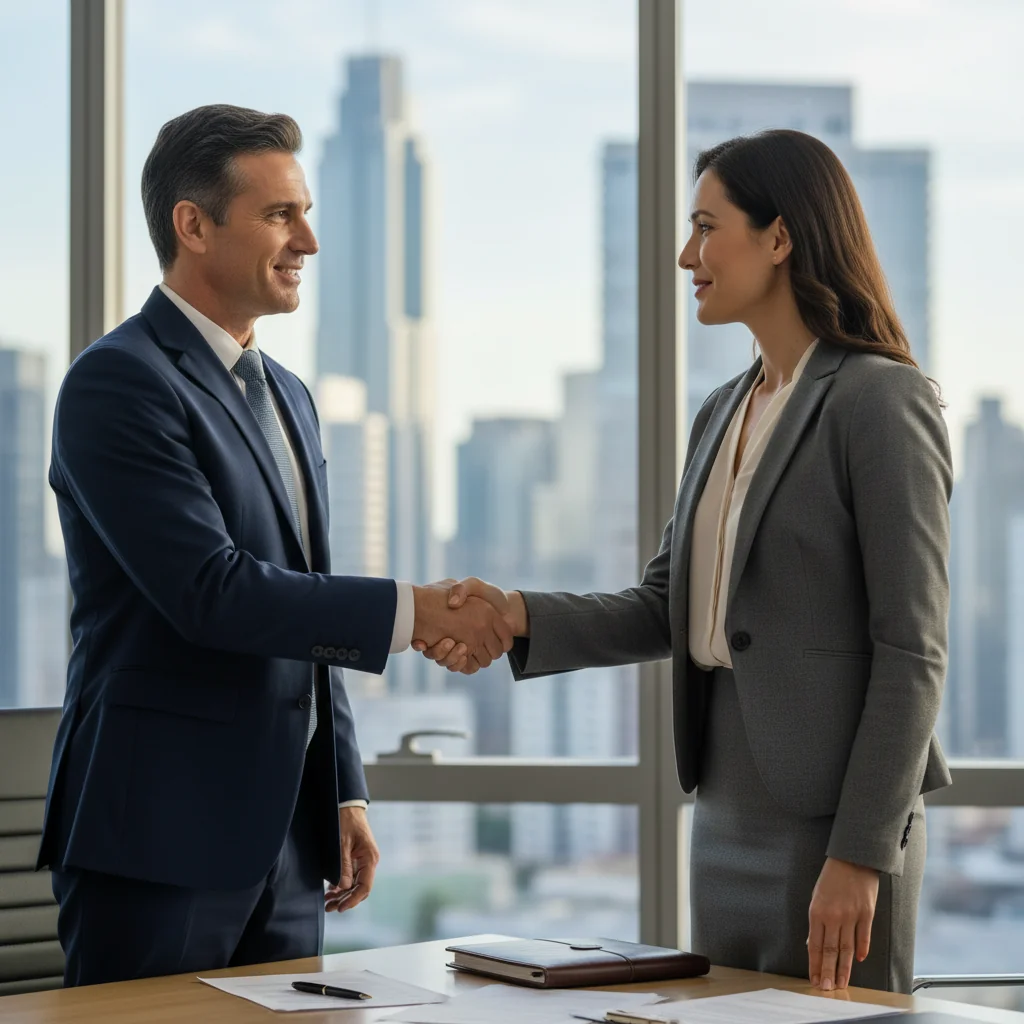 A photorealistic image of two professional adults, a businessman and a businesswoman, shaking hands in a modern office setting to symbolize mutual agreement and release from obligations in a legal context, conveying relief and resolution without showing any documents or text.