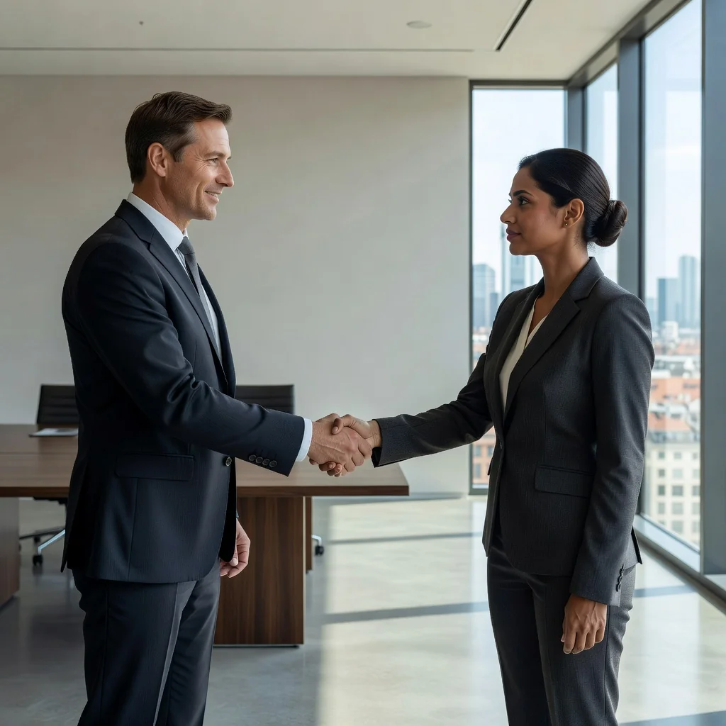 A professional adult employee in a modern German office setting, shaking hands with a colleague across a desk, symbolizing a mutual agreement or termination of employment contract, with subtle German elements like a flag or architecture in the background. The atmosphere is positive and collaborative, representing the amicable nature of an Aufhebungsvertrag.
