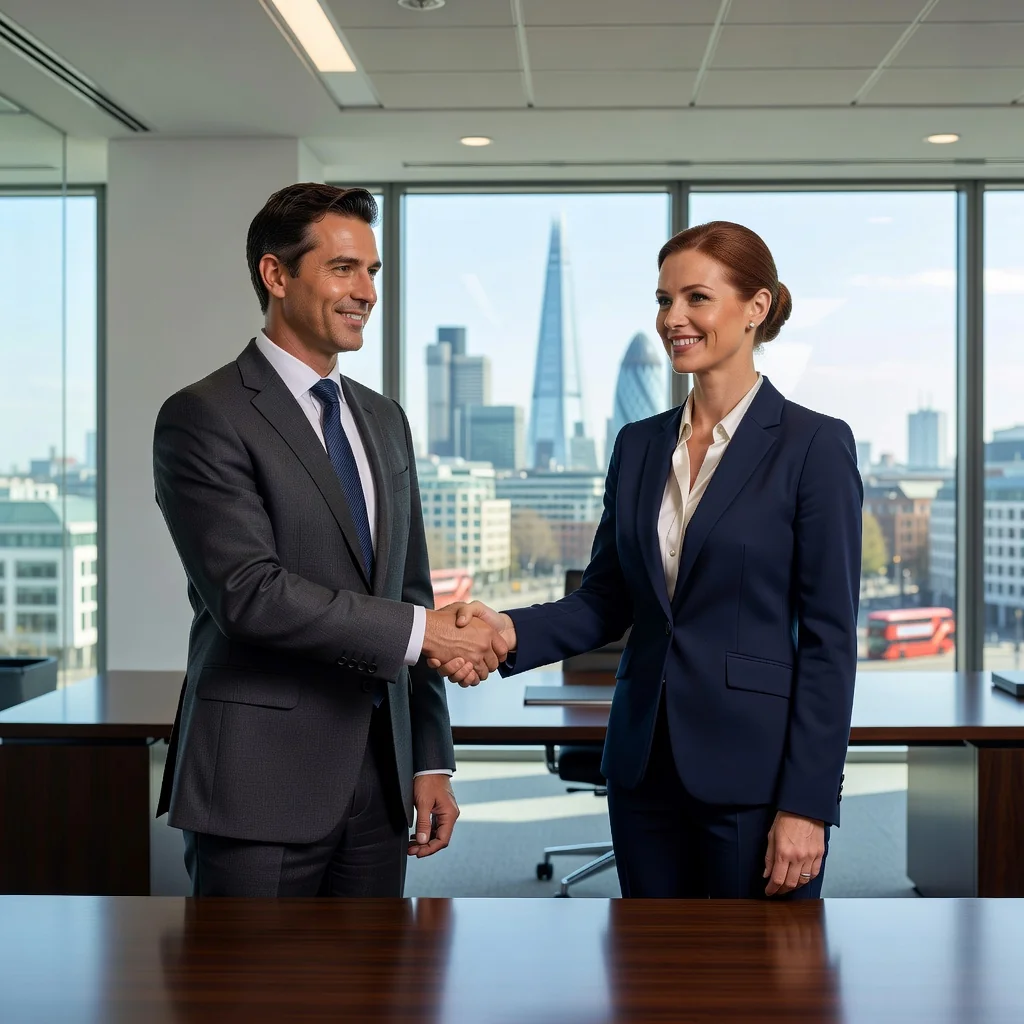 A photorealistic image depicting two professionals in a modern office setting, shaking hands amicably across a desk, symbolizing a mutual agreement and release from obligations, with a subtle background of a city skyline through large windows, conveying resolution and partnership in a business context.