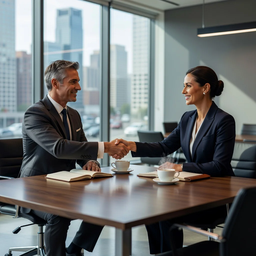 A photorealistic image symbolizing mutual agreement and release in a professional context, showing two adults shaking hands across a conference table in a modern office, with subtle elements like open notebooks and a city skyline in the background, conveying resolution and partnership without focusing on documents.
