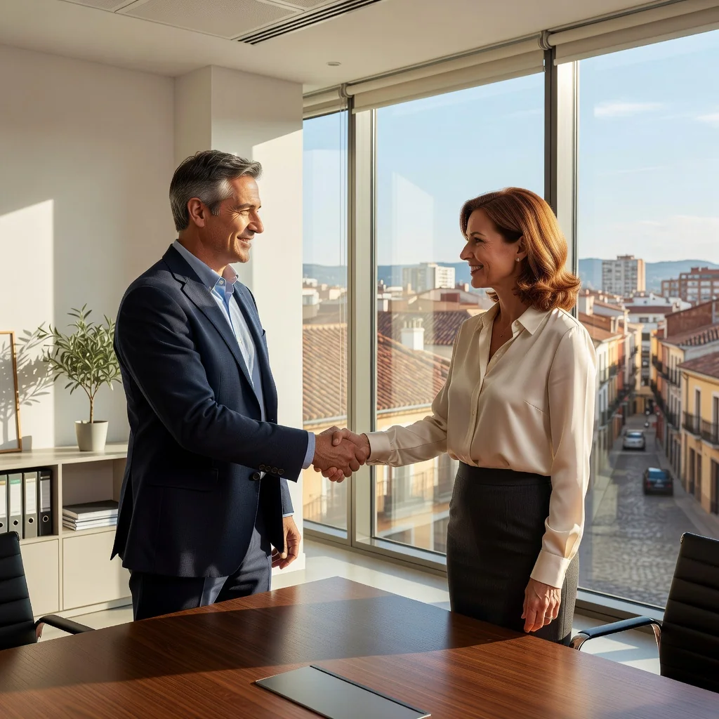 A photorealistic image depicting two adults shaking hands amicably in a professional setting, symbolizing mutual agreement and resolution of a dispute, with a subtle Spanish cultural element like a flag or architecture in the background, conveying peace and legal closure without showing any documents.