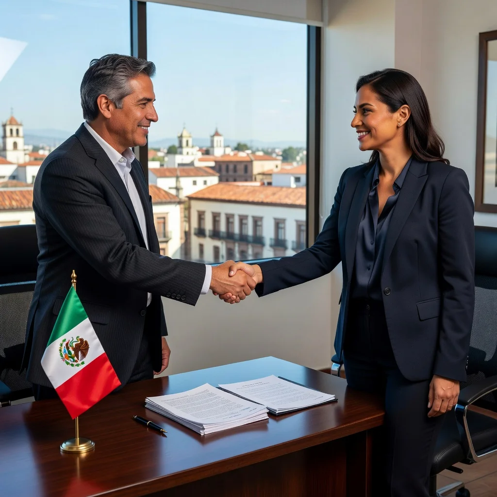 A photorealistic image representing the mutual termination of an employment agreement in Mexico, showing two adults - an employer and an employee - shaking hands amicably across a desk in a professional office setting, with subtle Mexican cultural elements like a flag or map in the background, conveying agreement and resolution without displaying any documents.