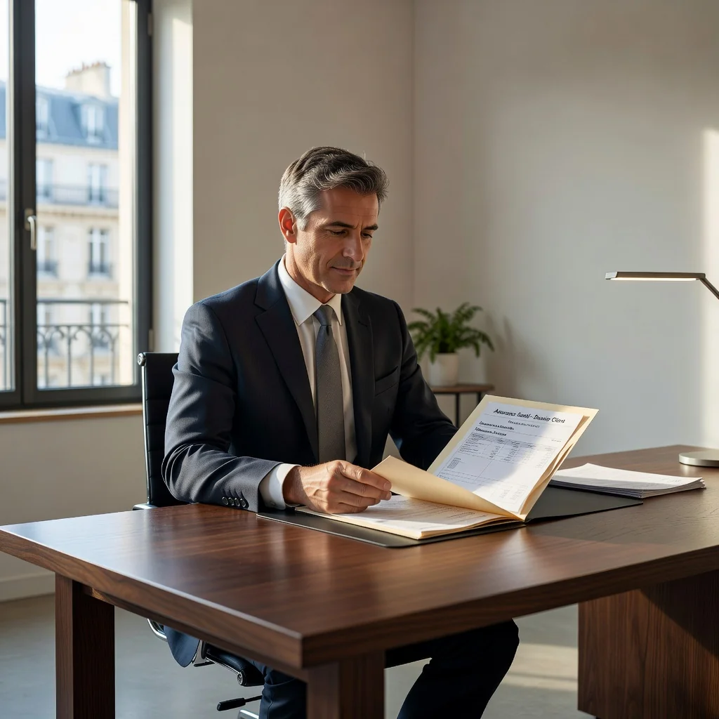 A professional adult French businessperson in a modern office setting, reviewing financial documents related to health insurance transactions, symbolizing mutual legal agreements in France, photorealistic style.