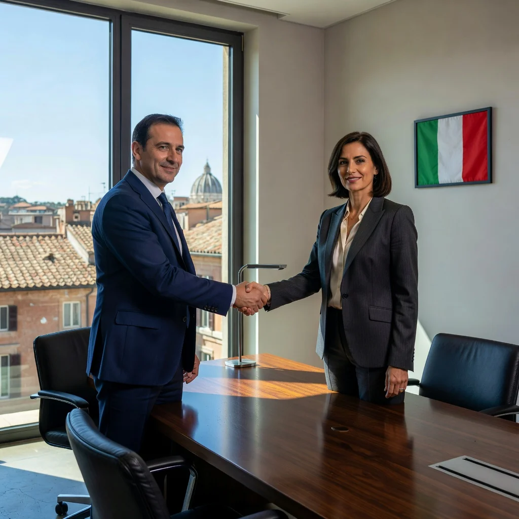A photorealistic image representing the purpose of an 'Accordo di transazione' legal document in Italy, which involves resolving disputes through agreement. Depict two professionals in a modern Italian office shaking hands over a conference table, symbolizing a successful settlement or negotiation, with subtle Italian elements like a flag or architecture in the background. No children, no documents shown.