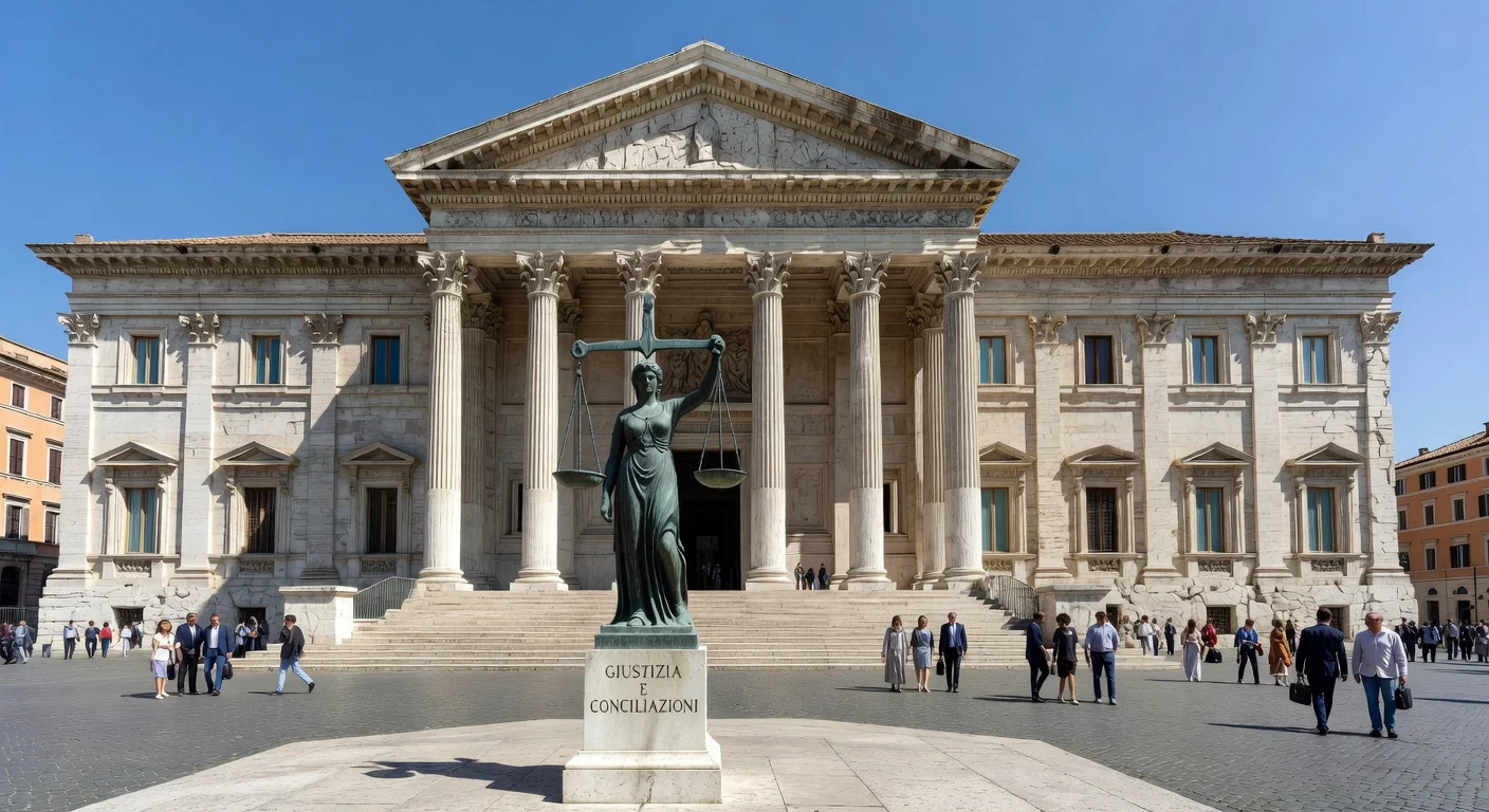 Italian courthouse exterior with justice symbol