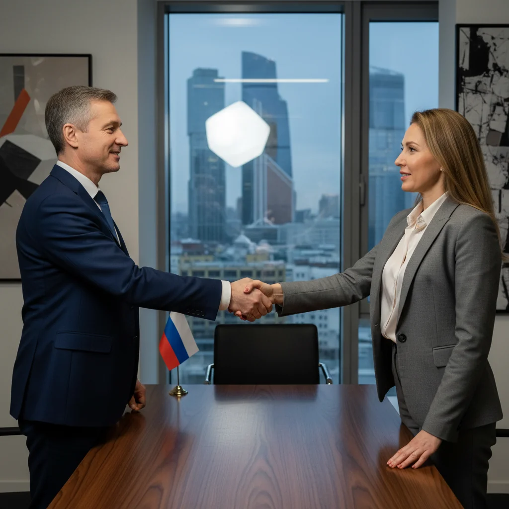 A photorealistic image of two professionals in a modern office in Russia shaking hands over a desk, symbolizing mutual agreement and release from obligations, with Russian cultural elements like a view of the Kremlin in the background through a window, conveying trust and legal resolution between adults.