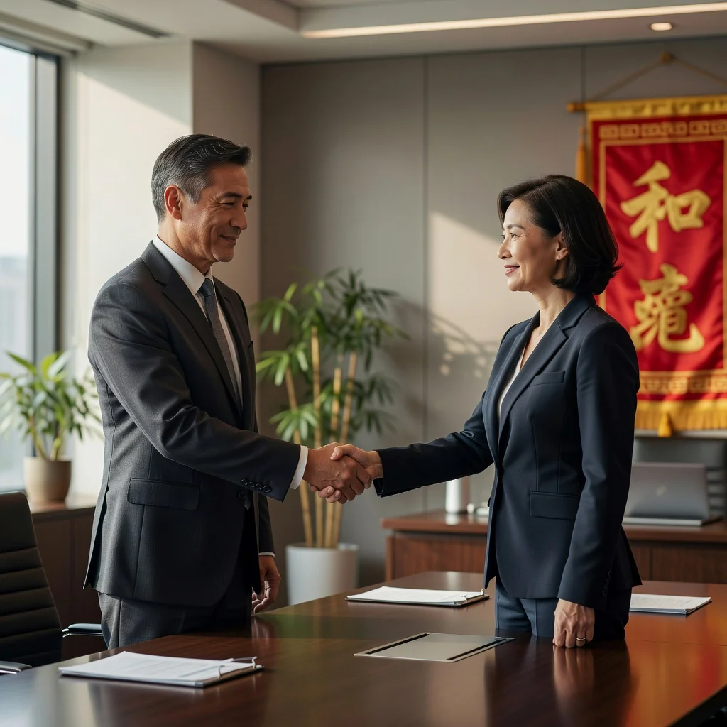 A photorealistic image depicting two adults in a professional setting shaking hands across a conference table, symbolizing agreement and reconciliation in a business context, with subtle Chinese cultural elements like a traditional screen in the background, conveying harmony and resolution without showing any documents.