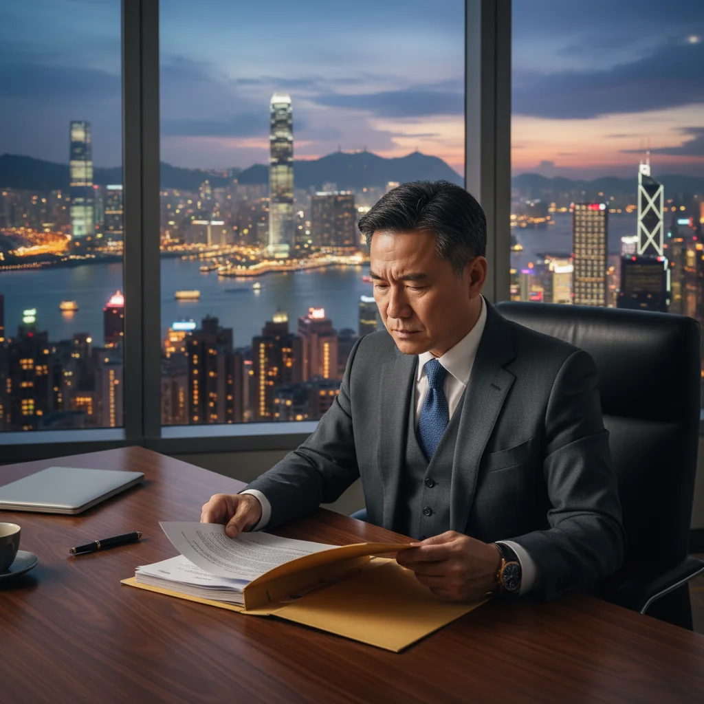 A photorealistic image of a professional lawyer in a modern Hong Kong office, confidently reviewing legal papers at a desk with the city skyline visible through the window, symbolizing preparation for legal action without showing any documents directly.