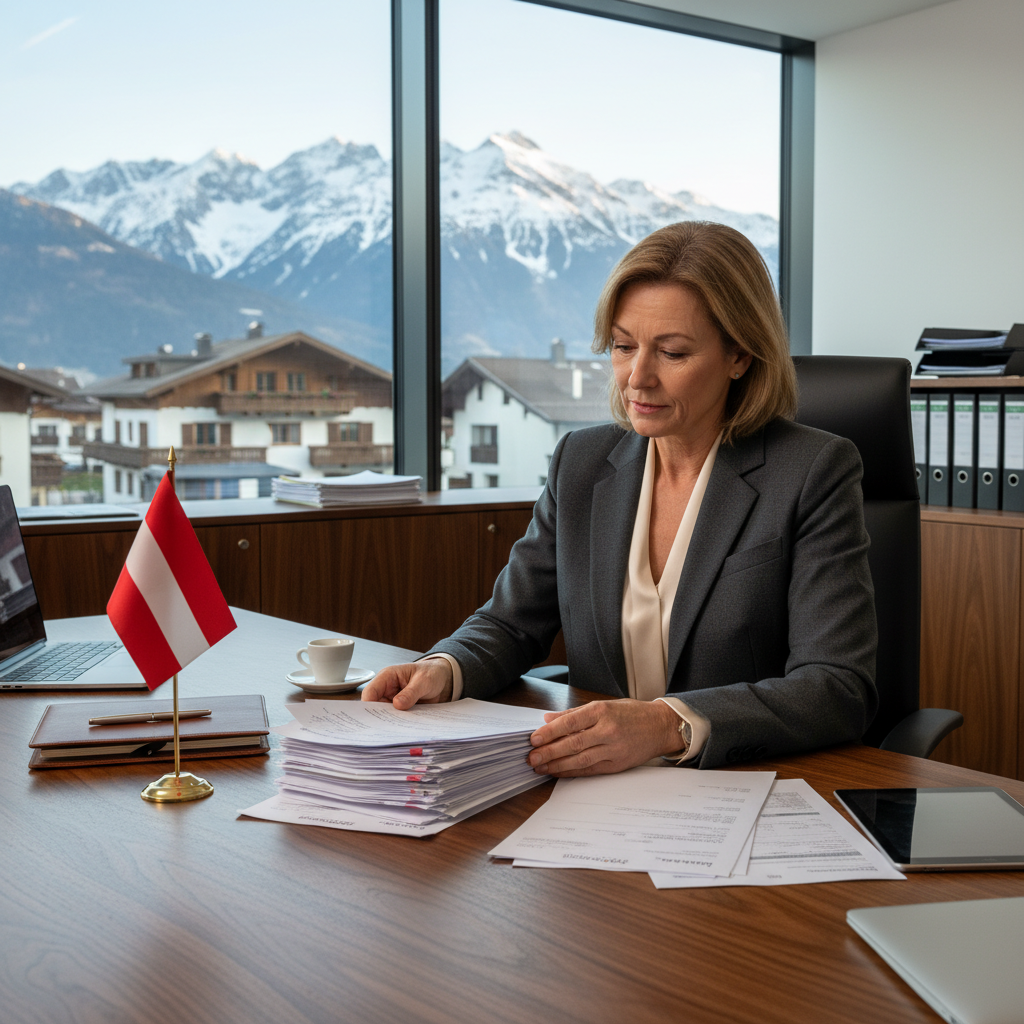A professional scene in an Austrian office setting, showing a business person calmly reviewing financial documents at a desk, with subtle Austrian elements like a flag or mountain view in the background, symbolizing proper handling of reminders and payments without focusing on legal papers.