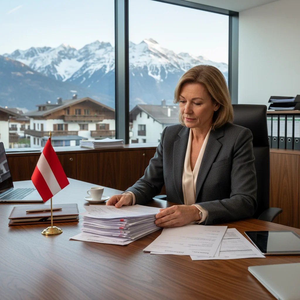 A professional scene in an Austrian office setting, showing a business person calmly reviewing financial documents at a desk, with subtle Austrian elements like a flag or mountain view in the background, symbolizing proper handling of reminders and payments without focusing on legal papers.