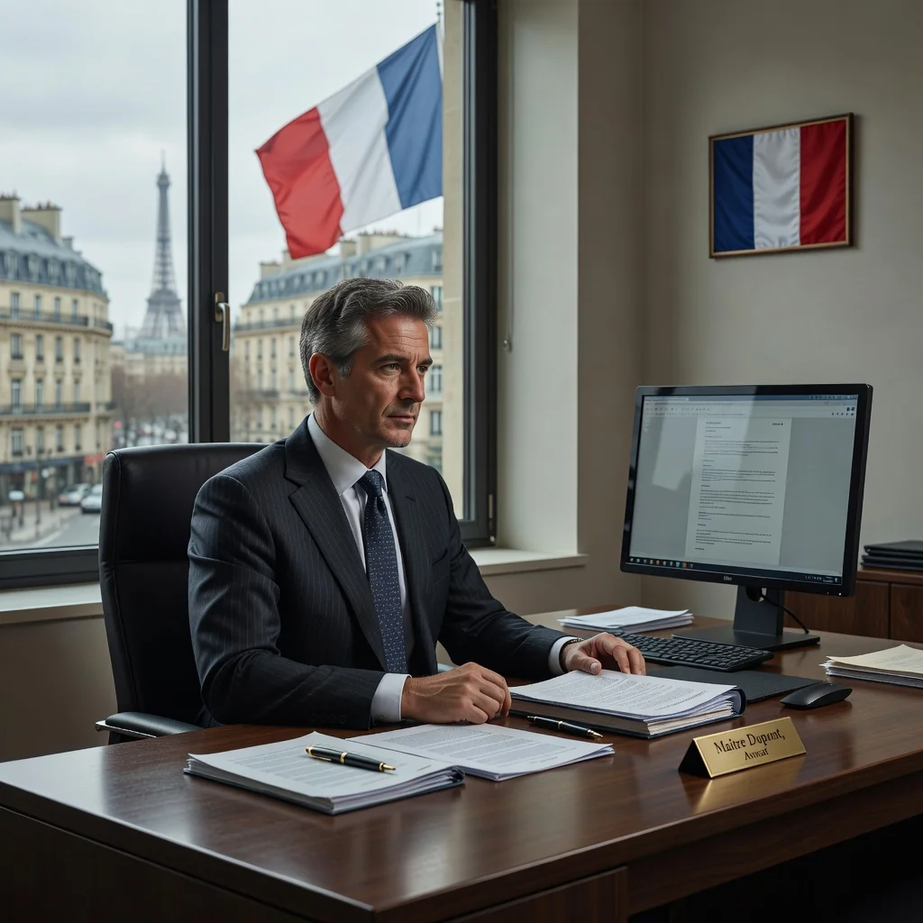 A professional scene representing the formal notification and resolution aspect of a mise en demeure in France, such as a determined adult lawyer or business professional in a modern office setting, reviewing important correspondence with a serious expression, symbolizing legal action and communication without showing any documents directly.
