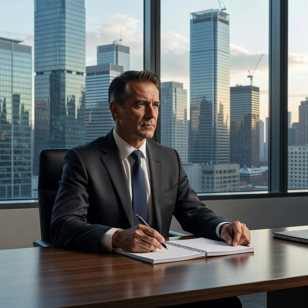 A professional adult in a business setting, such as a confident lawyer or executive at a desk in an office, reviewing notes or preparing for a negotiation, symbolizing the strategic decision of when to assert legal rights through a demand letter. The scene is serious and empowering, with no legal documents visible, focusing on the purpose of resolution and advocacy.