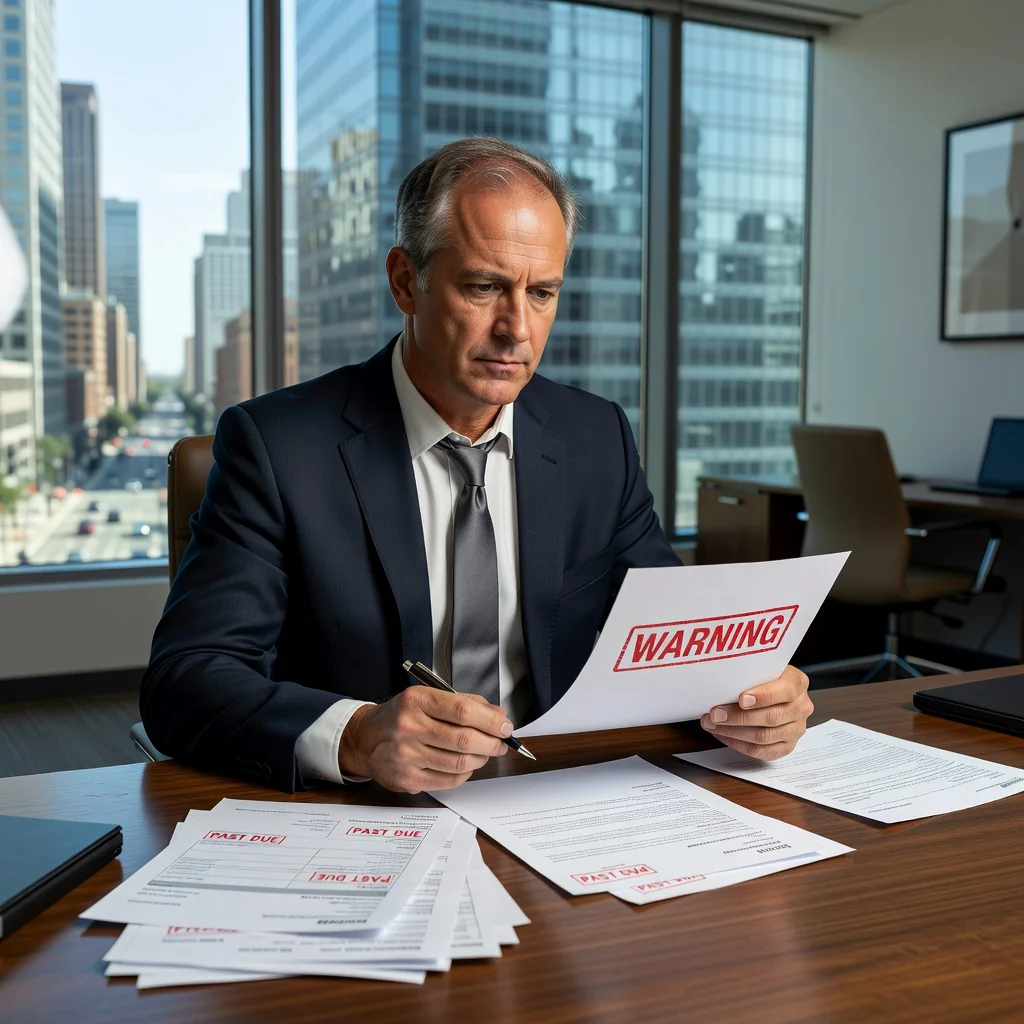 A photorealistic image of a frustrated adult professional sitting at a desk in a modern office, looking at a stack of unpaid bills and a warning letter, contemplating whether to take legal action, symbolizing the decision between a reminder notice and a lawsuit in debt collection.