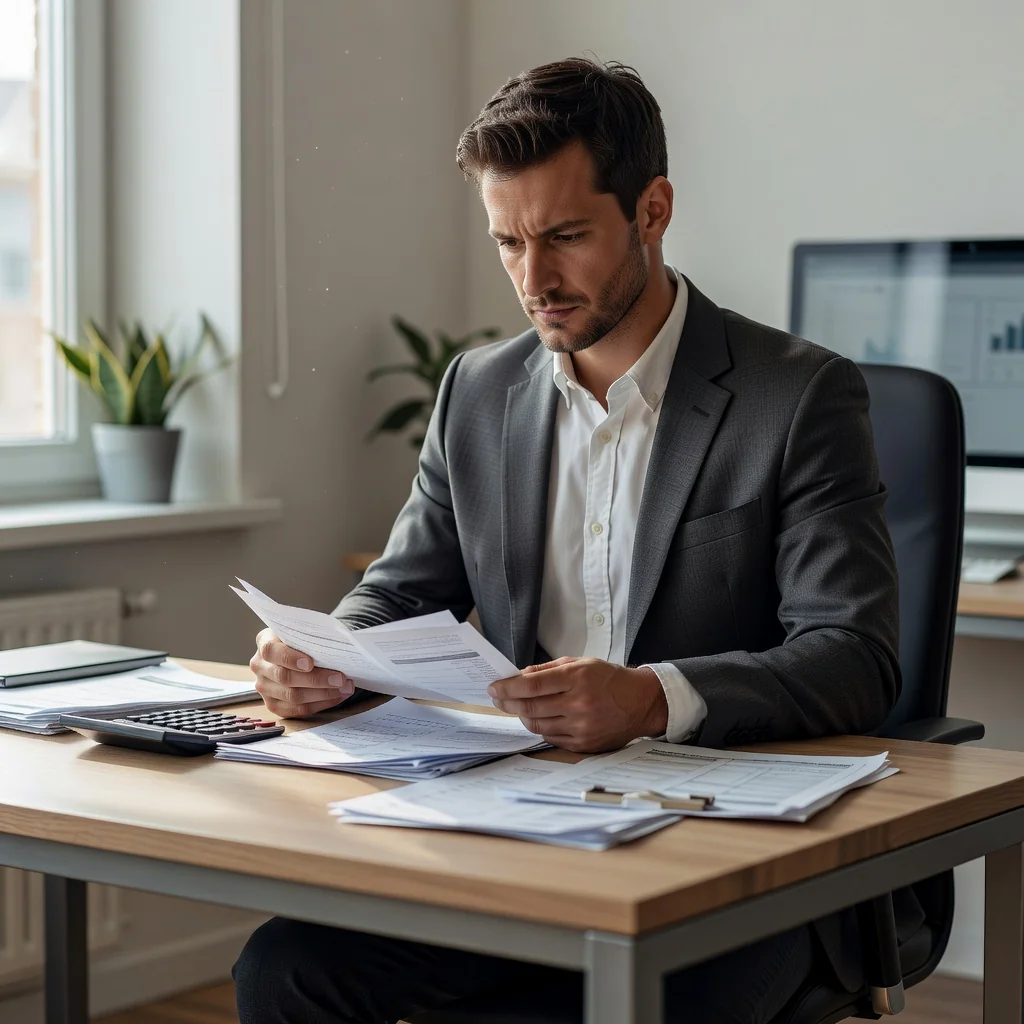 A professional adult individual in a modern office setting, looking determined while reviewing financial documents on a desk, symbolizing the process of issuing a formal reminder or debt collection notice in a legal context, with no children present.