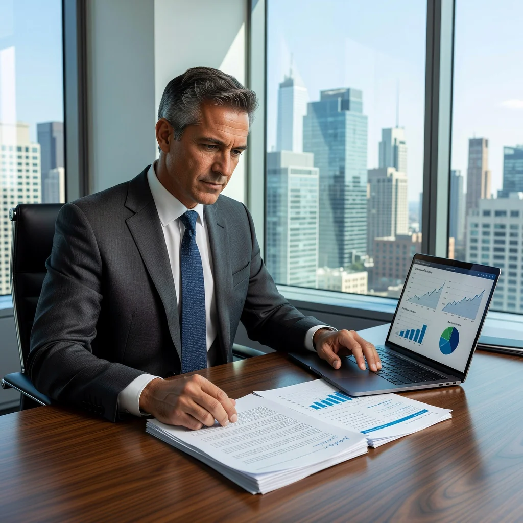 A photorealistic image of a determined adult professional sitting at a desk in a modern office, reviewing paperwork with a focused expression, symbolizing the preparation and assertiveness involved in addressing a legal demand.