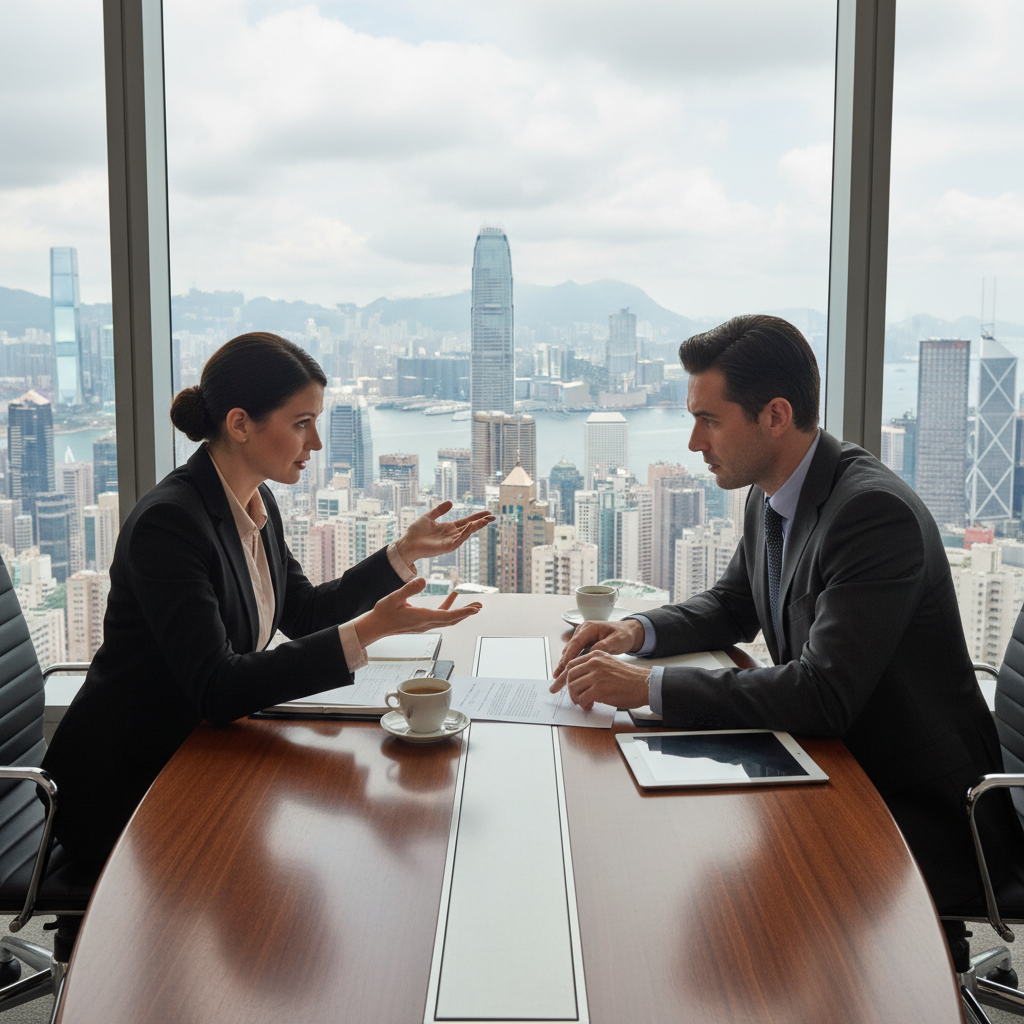 A photorealistic image of a professional business meeting in a modern Hong Kong office, where two adults in suits are engaged in a serious discussion across a conference table with city skyline views, symbolizing negotiation and pre-litigation resolution, no children present, highly detailed and realistic photography style.
