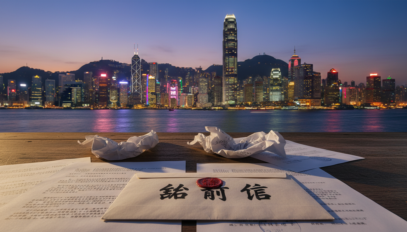 Hong Kong skyline with legal documents.