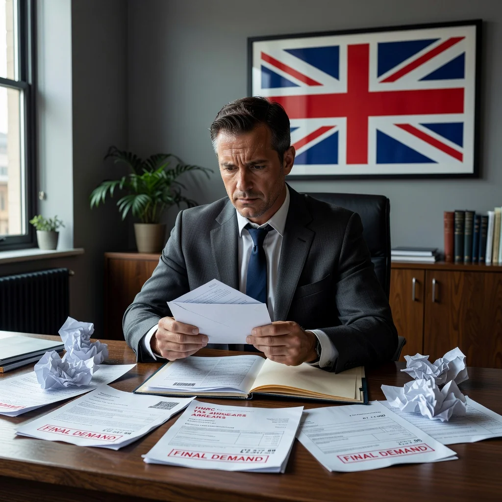 A photorealistic image depicting the stress and consequences of ignoring legal warnings, showing an adult professional looking worried while reviewing urgent mail at a desk in a modern office, symbolizing the potential for legal escalation and financial repercussions in a UK context.