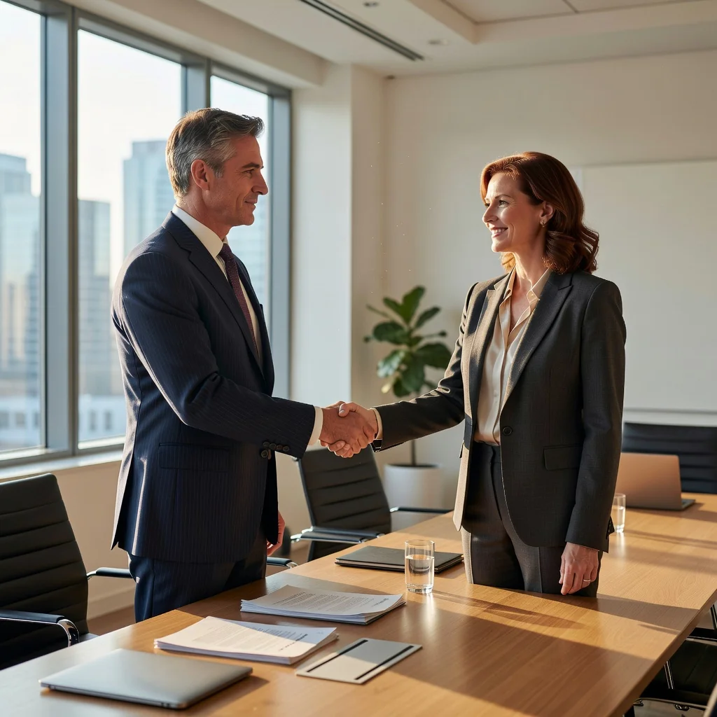 A photorealistic image depicting a professional meeting in a modern conference room where two business professionals, one appearing to be a lawyer in a suit and the other a client, are shaking hands firmly across a table, symbolizing the resolution of a dispute through legal means. The atmosphere is positive and collaborative, with natural lighting and detailed realistic elements like papers and laptops on the table, but no actual legal documents visible. No children are present in the image.
