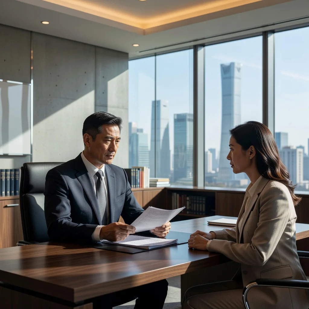 A professional Chinese lawyer in a modern office, confidently discussing legal matters with a client, symbolizing the advisory and protective role of a lawyer's letter in resolving disputes without litigation.