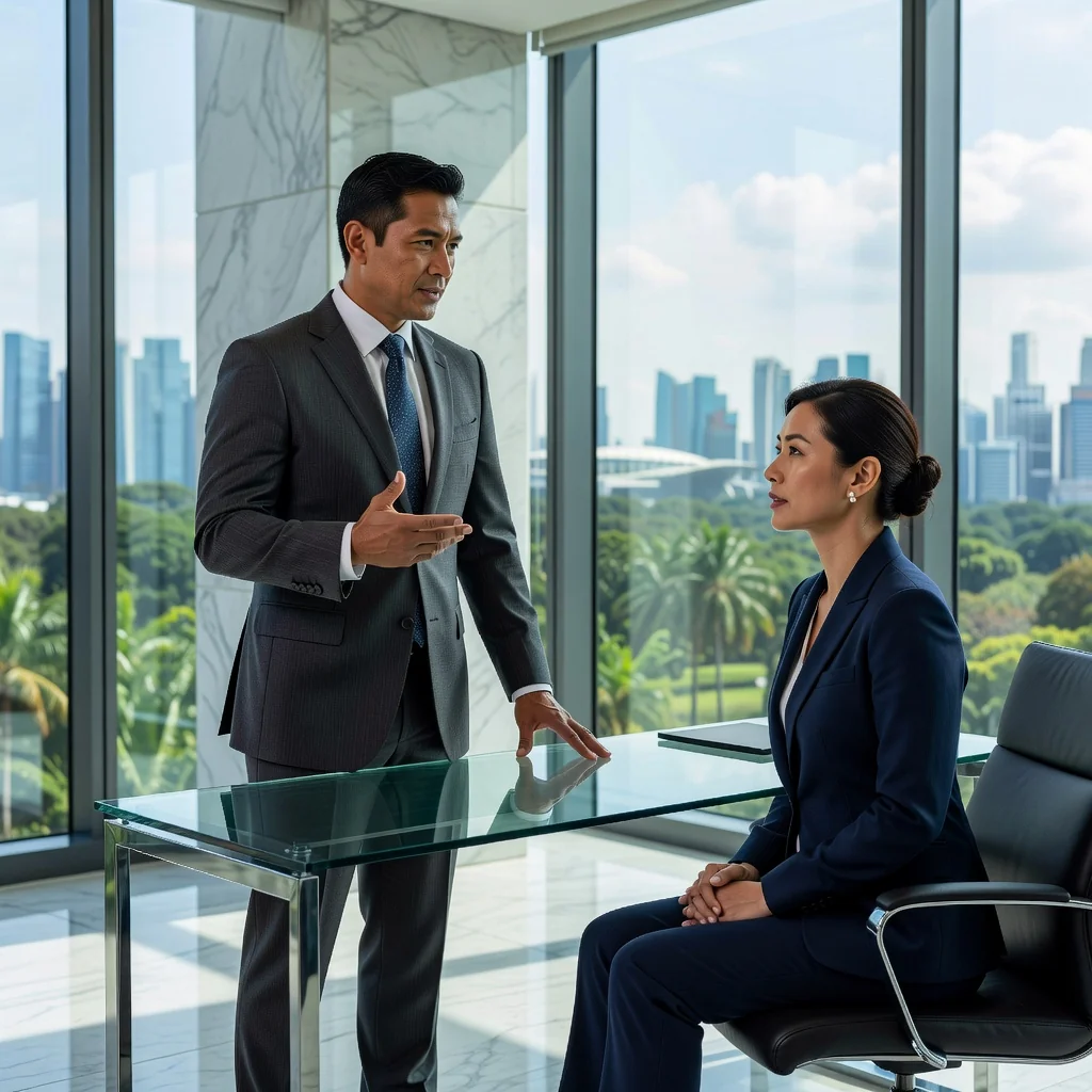 A photorealistic image of a professional business meeting in a modern Singapore office, where a determined adult lawyer or consultant is calmly discussing resolution options with a client across a desk, symbolizing the formal demand and negotiation process of a letter of demand, with subtle Singapore skyline visible through the window, no children present, highly detailed and realistic photography style.
