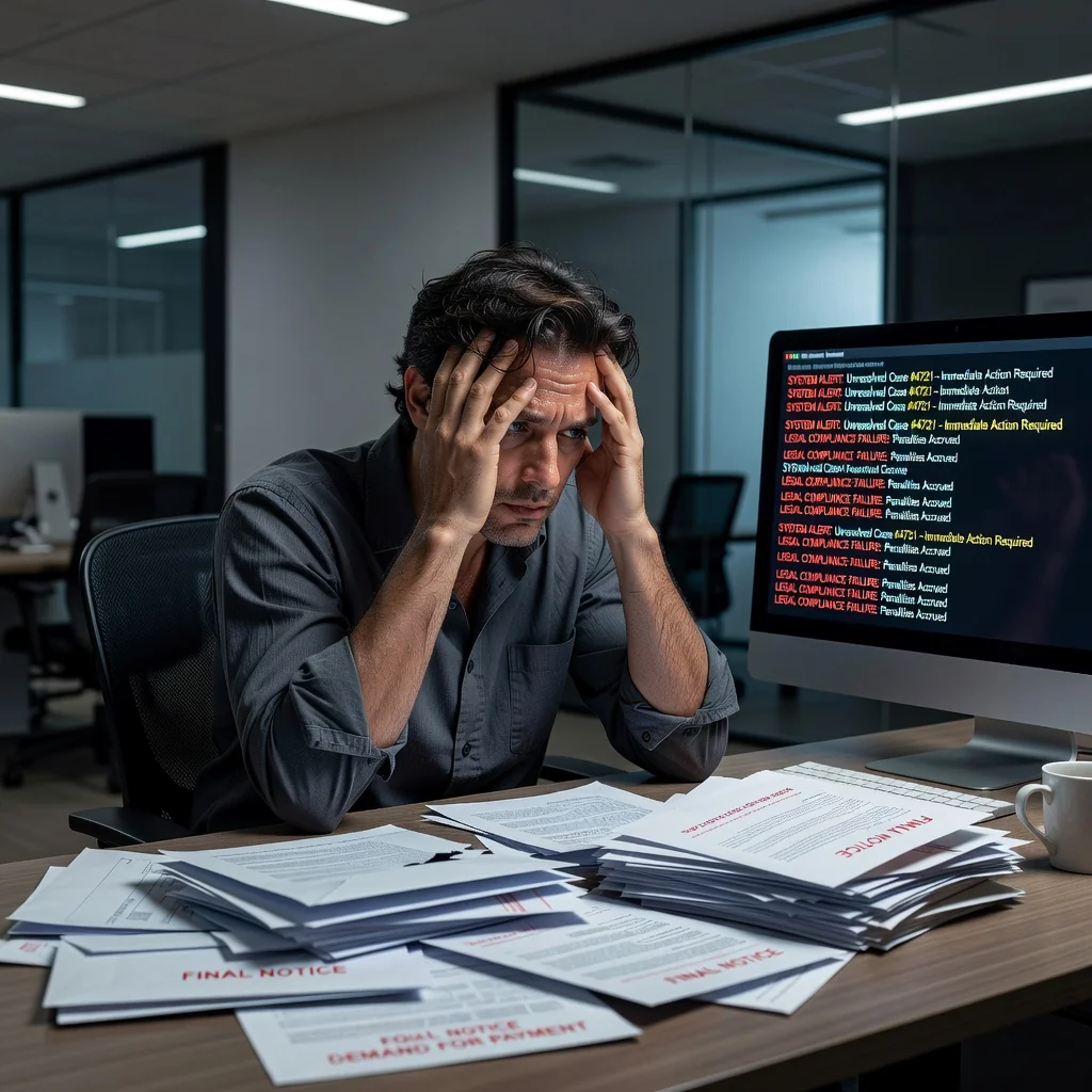 A photorealistic image depicting the tense aftermath of ignoring a formal legal warning, showing a stressed adult professional in a modern office setting, sitting at a desk with a worried expression, surrounded by subtle symbols of escalating consequences like a stack of urgent letters and a calendar marked with deadlines, conveying anxiety and urgency without focusing on any documents.