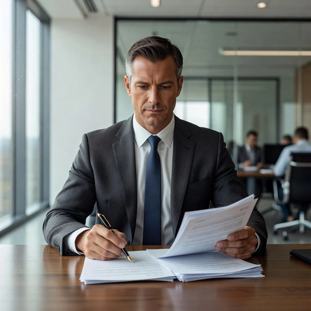 A photorealistic image of a confident adult professional sitting at a desk in a modern office, holding a pen and looking determined while reviewing important papers, symbolizing the preparation and assertiveness involved in issuing a formal demand letter.