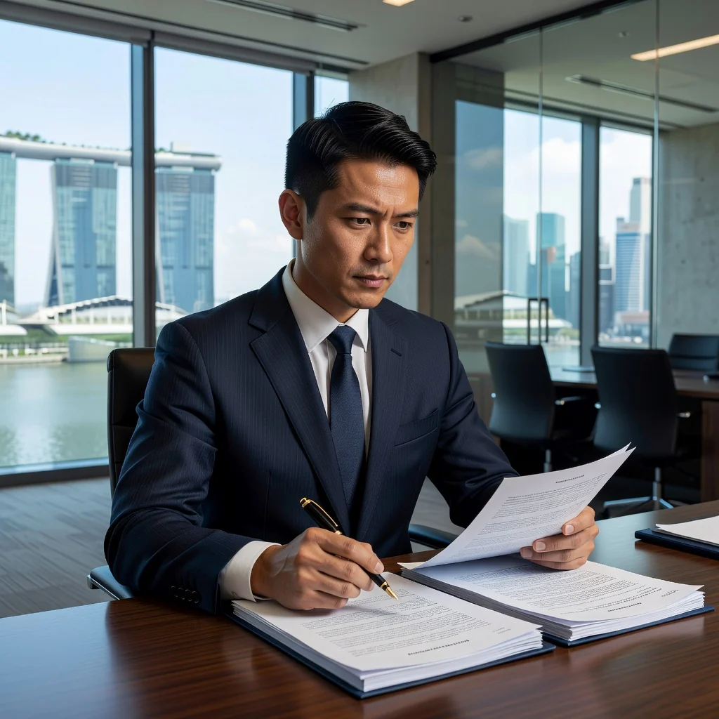 A photorealistic image depicting a determined adult professional in a modern Singapore office, reviewing important documents at a desk with a city skyline view in the background, symbolizing the assertive step of sending a formal demand letter to resolve a dispute.