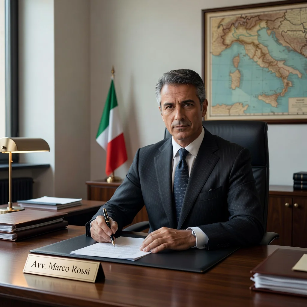 A photorealistic image of a professional adult Italian lawyer in a modern office, looking determined while reviewing legal documents on a desk, symbolizing the assertive step of issuing a formal warning letter to resolve disputes without court involvement.