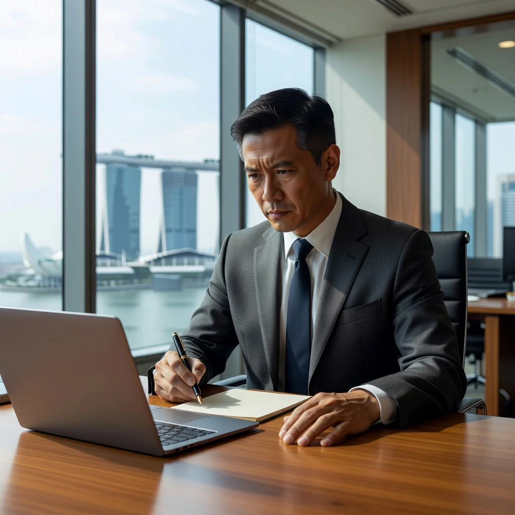 A photorealistic image of a frustrated adult professional sitting at a modern office desk in Singapore, looking at a computer screen with a stern expression, holding a pen as if about to write a formal letter, with subtle Singaporean skyline visible through the window in the background, conveying tension and the need for a letter of demand without showing any legal documents.