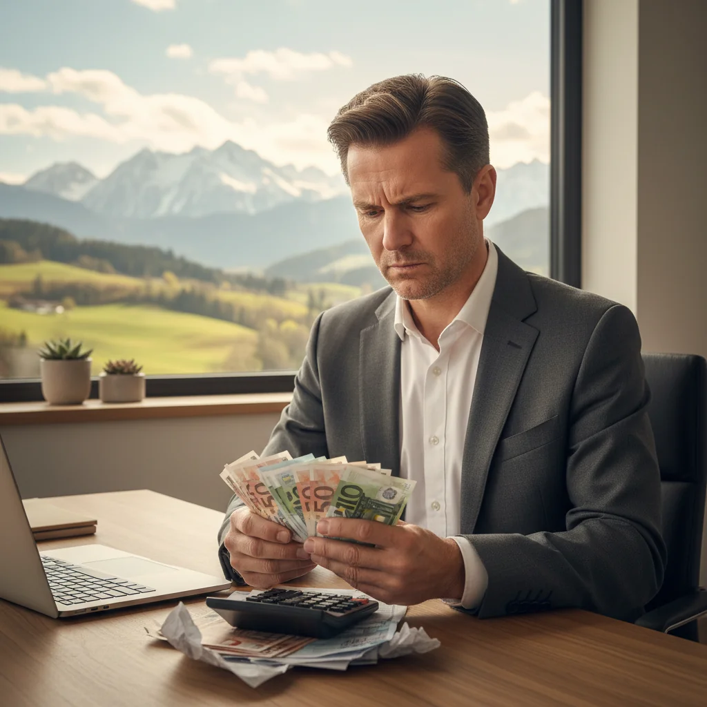 A photorealistic image of a concerned adult professional in an office setting in Austria, reviewing financial documents on a desk with a subtle background of Austrian landmarks like the Alps or Vienna architecture, symbolizing the stress of receiving a reminder notice for unpaid bills.
