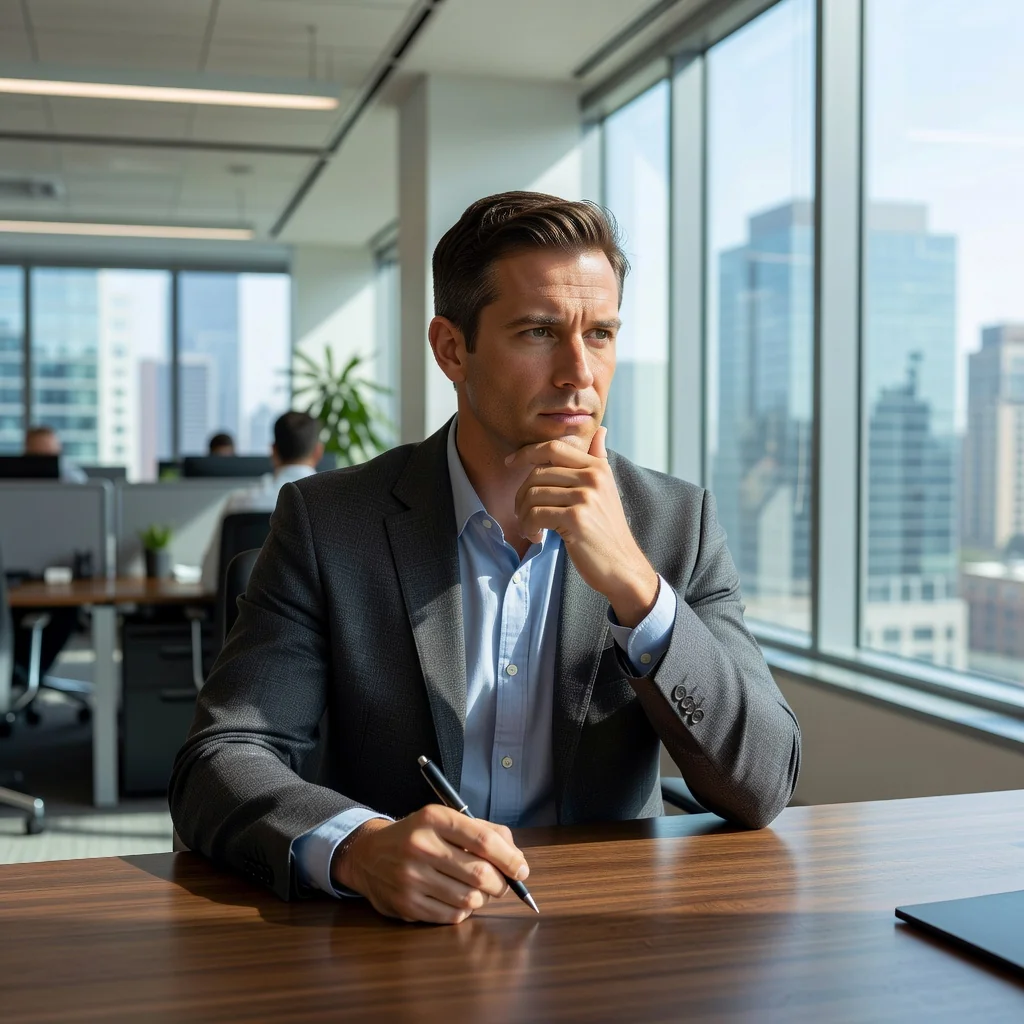 A professional adult sitting at a desk in a modern office, looking determined and thoughtful while holding a pen, symbolizing preparation for resolving a dispute amicably through communication, no legal documents visible.