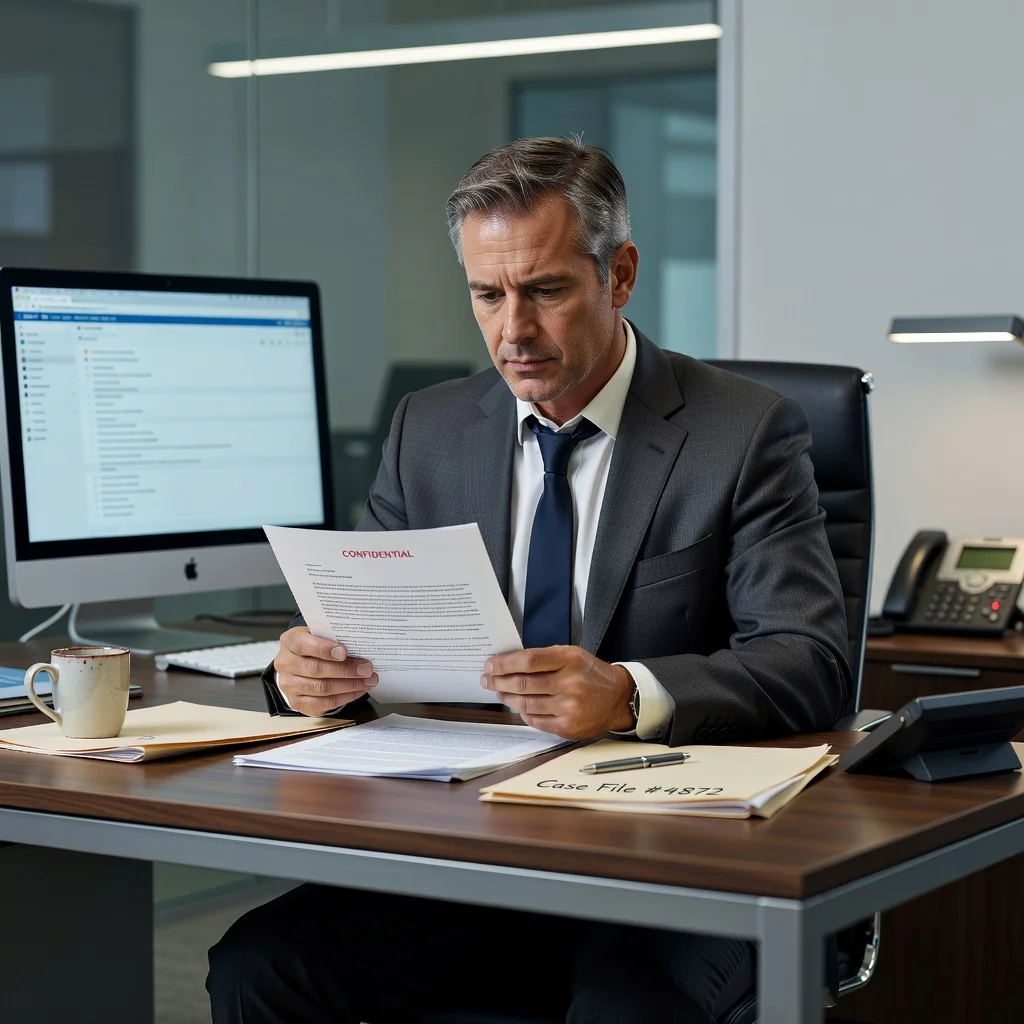 A photorealistic image of a professional adult in a business setting, looking frustrated while reviewing a letter at a desk, symbolizing the avoidance of mistakes in demand letters without showing any legal documents directly.