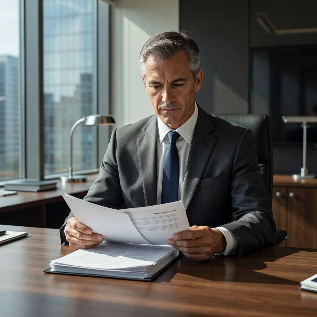 A photorealistic image of a confident adult professional in a modern office setting, reviewing paperwork at a desk with a determined expression, symbolizing the assertive action of issuing a formal demand letter to resolve a dispute.