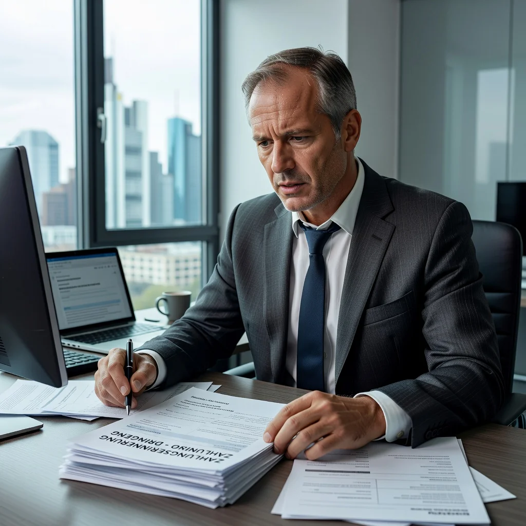 A photorealistic image of a stressed adult professional in a modern office setting in Germany, looking at a computer screen with a concerned expression while holding a bill or invoice, symbolizing the urgency and reminder aspect of a Mahnung without showing any legal documents directly.