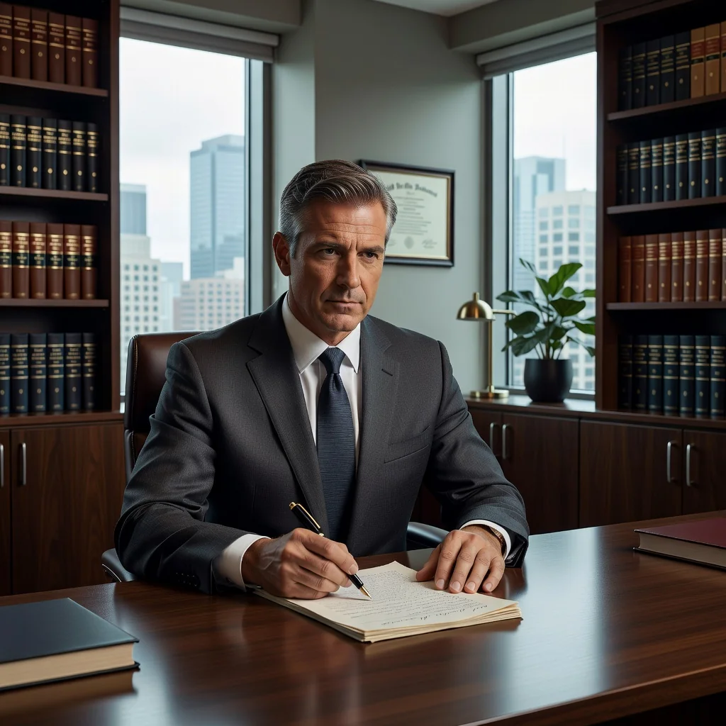 A photorealistic image of a professional lawyer in a modern office, confidently reviewing notes on a desk with a determined expression, symbolizing the strategic preparation and authority involved in drafting an effective legal demand letter.