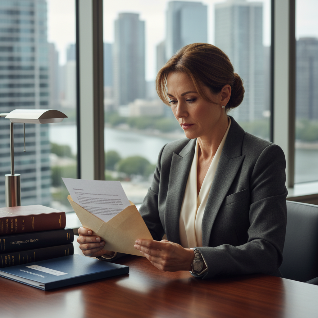 A professional adult lawyer in a modern office, thoughtfully reviewing a letter on a desk with legal books and a city skyline in the background, symbolizing the preparation and strategic use of pre-litigation correspondence in resolving disputes.