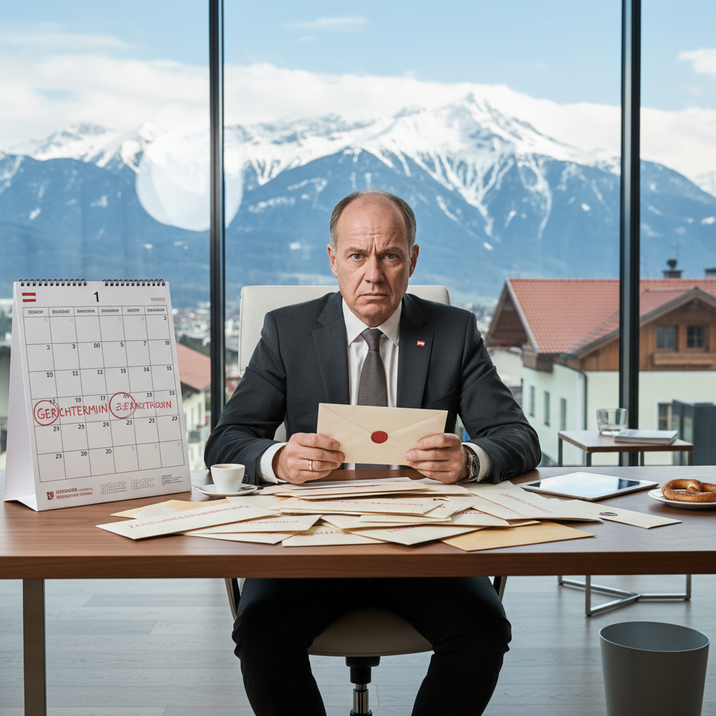 A photorealistic image of a stressed adult professional in an office setting in Austria, looking at a stack of urgent letters and a calendar, symbolizing the pressure of legal deadlines and reminders in debt collection, with Austrian landmarks subtly in the background.