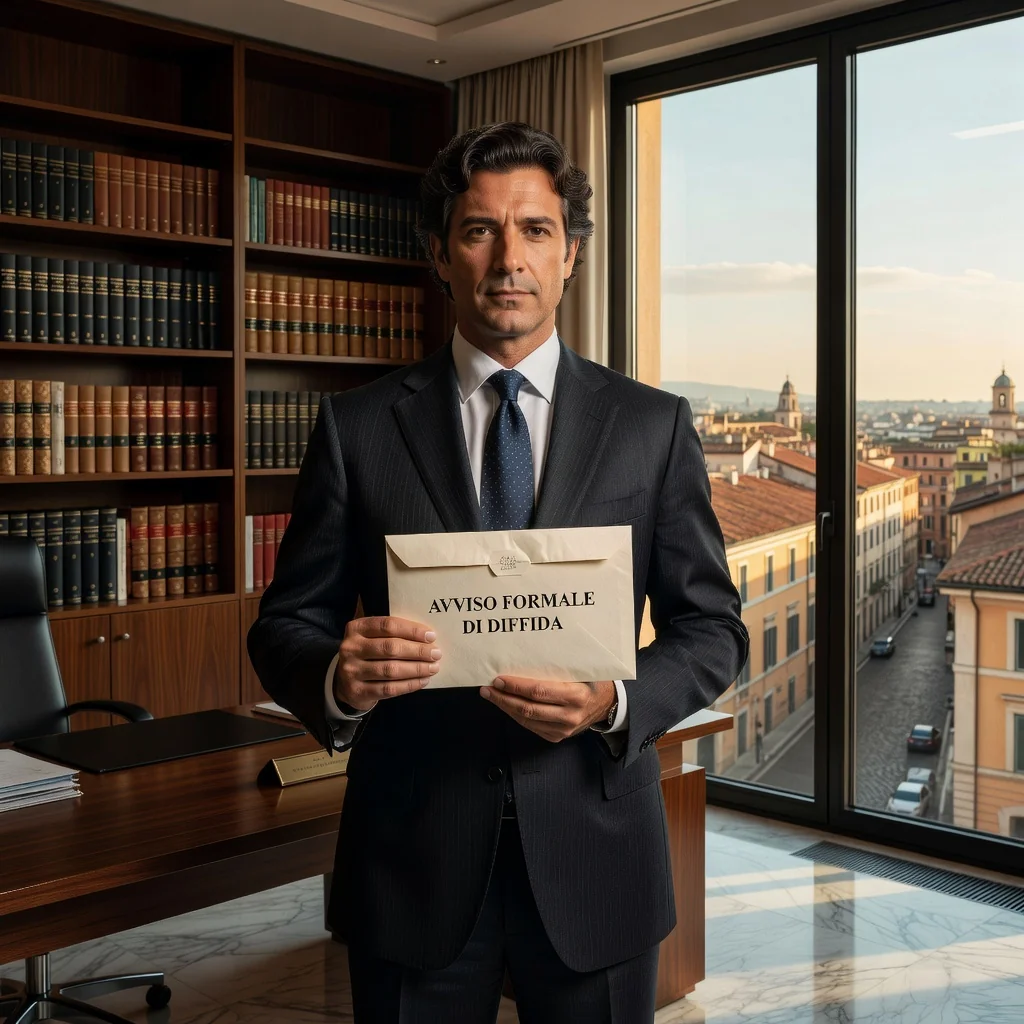 A photorealistic image of an adult Italian professional, such as a lawyer or businessperson, standing confidently in a modern office setting, holding a formal letter, symbolizing the assertion of rights and obligations in a legal warning notice, with subtle Italian elements like a flag or architecture in the background, conveying determination and professionalism.