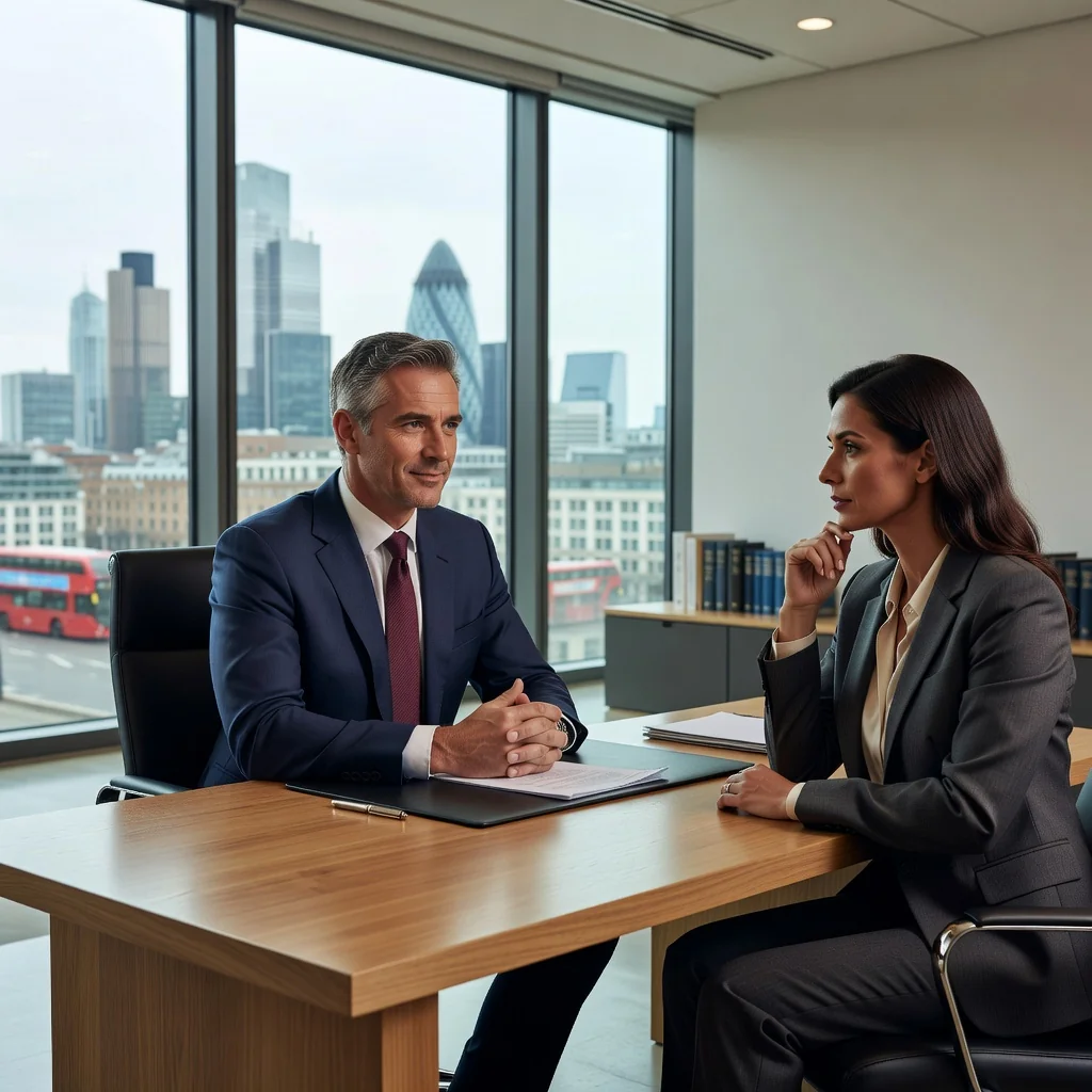 A photorealistic image depicting a professional business meeting in a modern UK office, where an adult lawyer in a suit is calmly explaining legal options to a concerned adult business client across a desk, symbolizing the pre-litigation resolution purpose of a Letter Before Action, with no documents visible, no children present, and a subtle Union Jack flag in the background to indicate UK setting.
