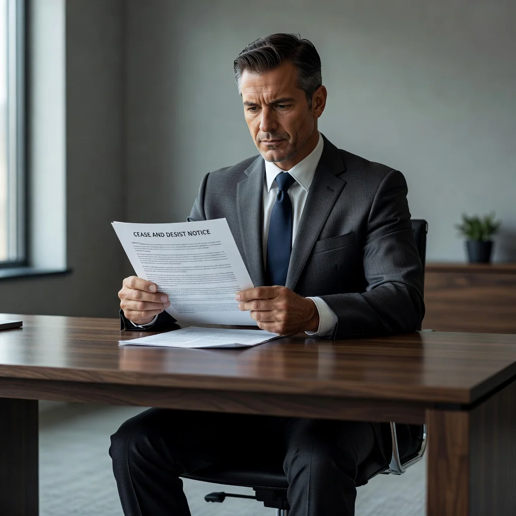 A professional adult in a business suit sitting at a desk in an office, holding a formal letter with a serious and determined expression, symbolizing the act of sending a warning notice to address a dispute or violation, photorealistic style, no children present.