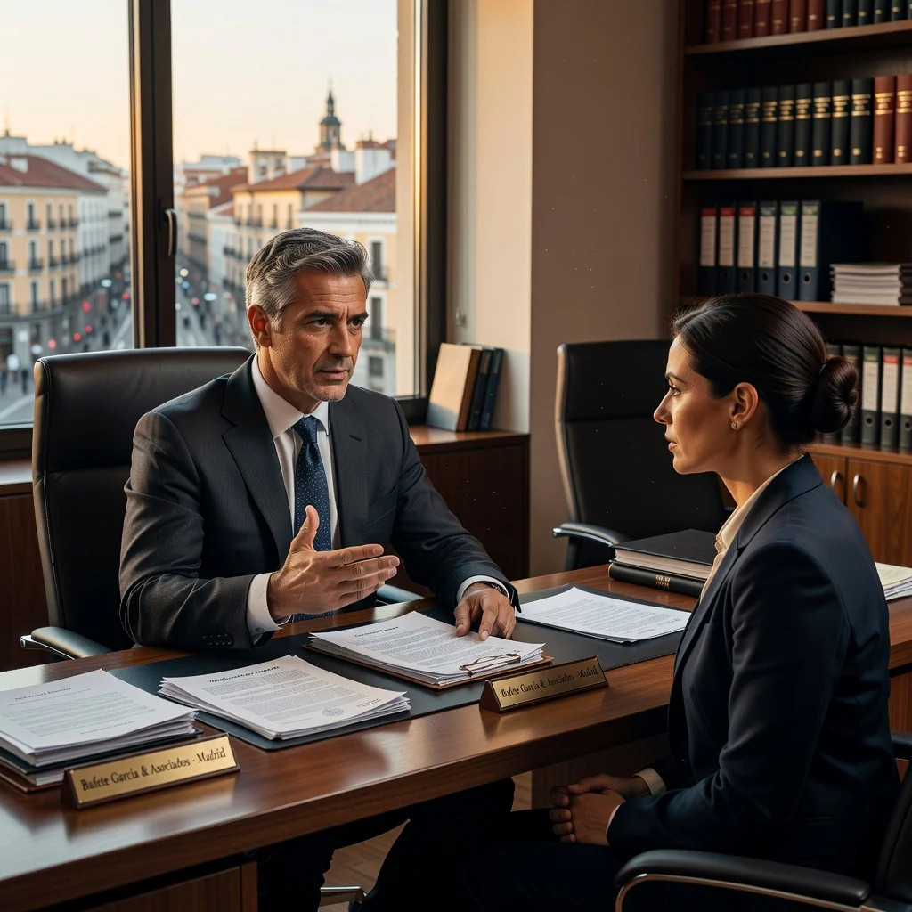 A photorealistic image of a professional Spanish lawyer in a modern office in Spain, confidently discussing a legal matter with an adult client across a desk, with subtle Spanish elements like a flag or map in the background, conveying the purpose of issuing a formal legal demand or requirement without showing any documents.