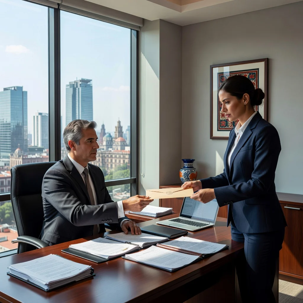 A professional scene in a modern Mexican office where an adult businessperson is confidently discussing a legal matter with a colleague, symbolizing the formal requirement and resolution process of a demand letter, with subtle Mexican cultural elements like a flag or cityscape in the background.