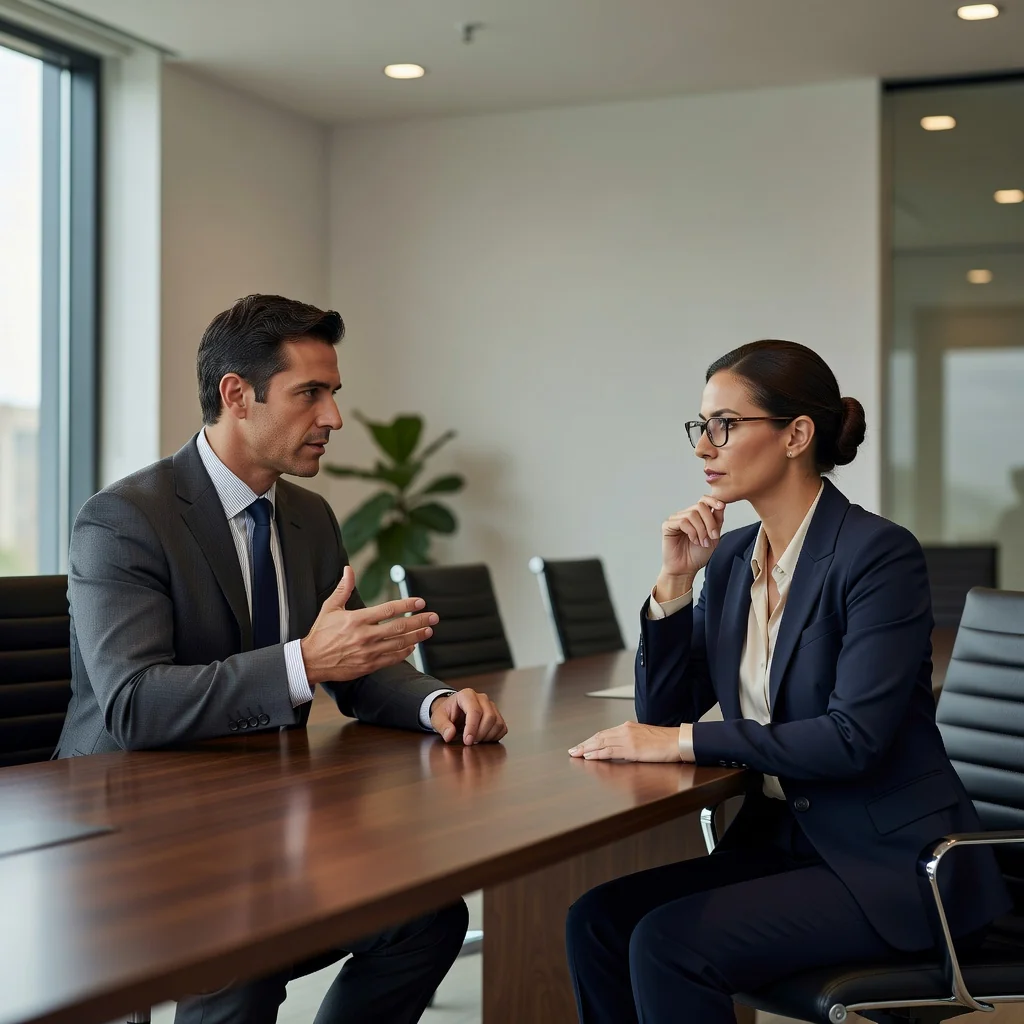 A photorealistic image depicting a professional adult in a business meeting, discussing rights and obligations with a colleague, symbolizing the purpose of a formal demand letter in a legal or contractual context. The scene conveys fairness, negotiation, and resolution without showing any documents.