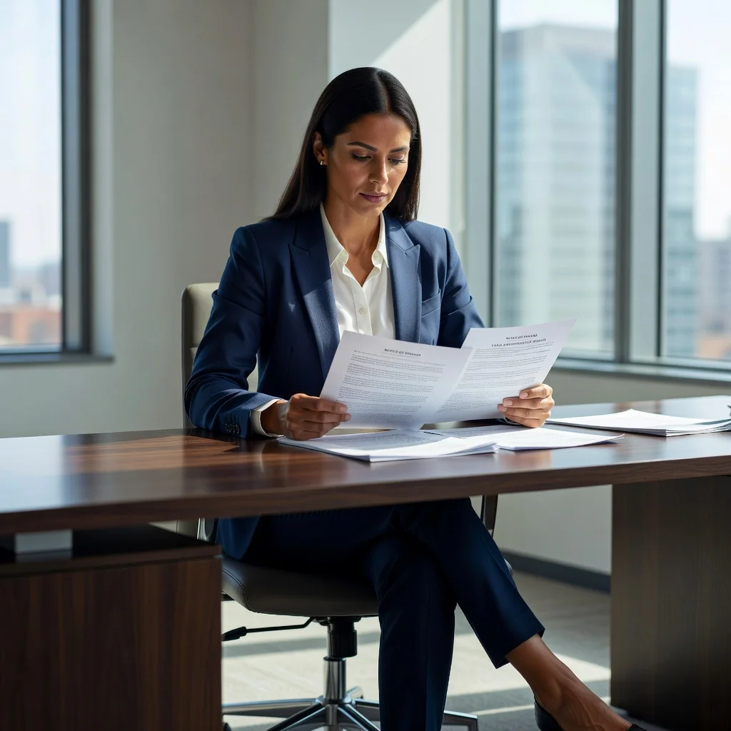 A photorealistic image of a professional adult woman in a modern office setting, confidently reviewing important papers at a desk with a determined expression, symbolizing the assertive and effective communication of a demand letter without showing any actual documents.